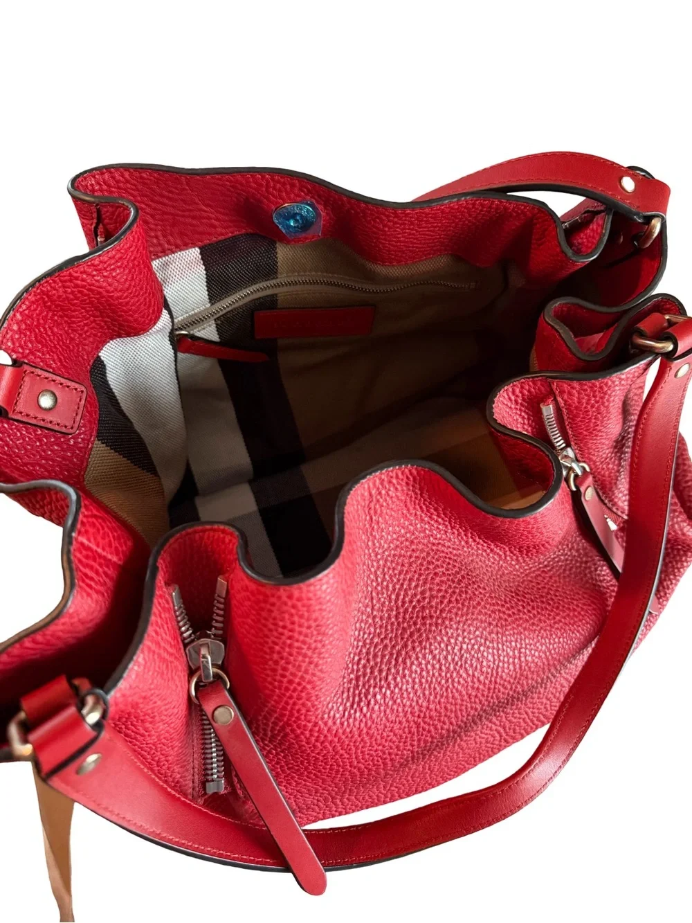 Burberry Red Pebbled Leather Shoulder Bag with Check Canvas Panel